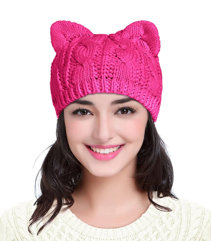 v28 Hand Made Fashion Women Boy Girl Crochet Knit Winter Cat Ear Caps Xmas Hats (Medium, Cat Ear Rose) - Image 1